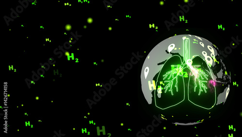 lung green digital animation and blood vessel with pink energy flow inside global india ocean particle green hydrogen flying