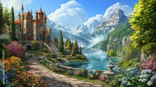 A beautiful fantasy world unfolds with a serene landscape dotted by magical creatures. photo