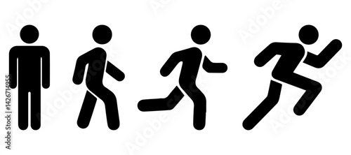 Man stands, walk and run icon set. Person standing, walking and running illustration. Run, walk, stand. People symbol.