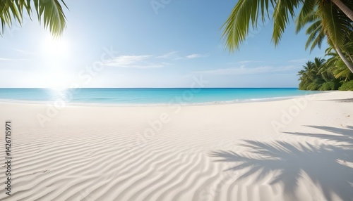 Background of a tropical empty beach with white sand and turquoise water under blue sky photo