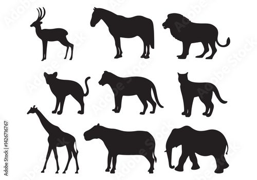 Photography A black vector illustration set features silhouettes of wild and farm animals li