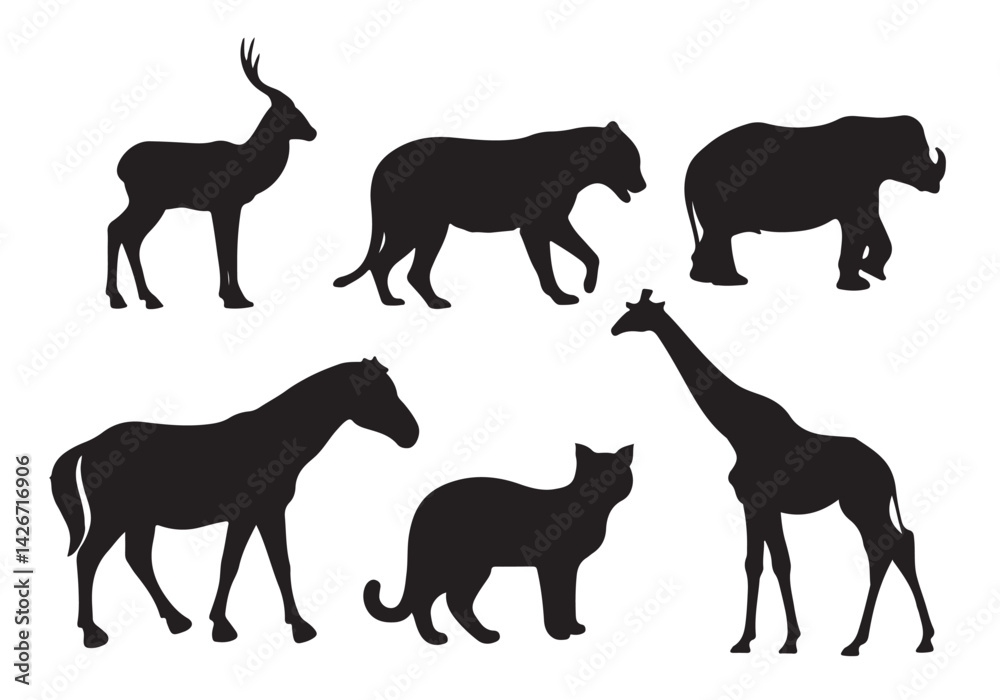 Fototapeta premium Vector silhouettes of animals illustrate a diverse collection featuring black icons of wild and farm animals like horse, dog, deer, elephant, cat, tiger, cow, wolf, giraffe, and goat