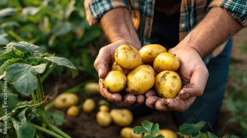 Farmer's hands hold freshly harvested potatoes in a field. Farmer's hands hold freshly harvested potatoes in a field.