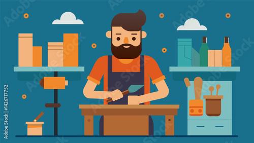 In his small workshop the carpenter works for hours on end embodying the Stoic virtues of discipline and perseverance as he creates finely crafted. Vector illustration