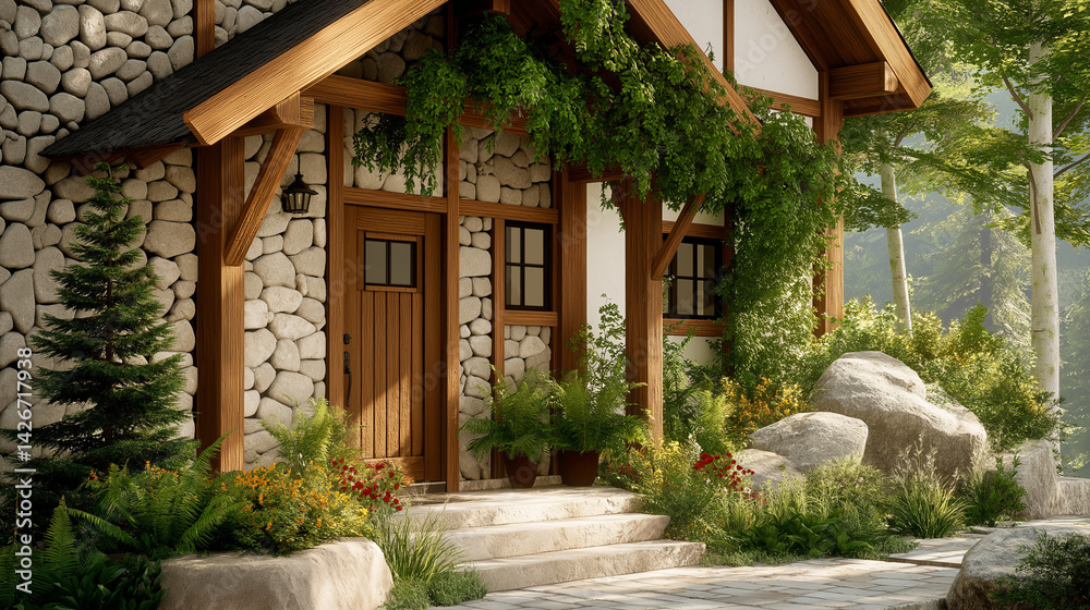 Obraz premium Stone Cottage Retreat: A charming stone cottage nestled amidst a verdant forest, with ivy climbing its walls and a wooden porch overlooking a stone pathway. The exterior features natural stone.