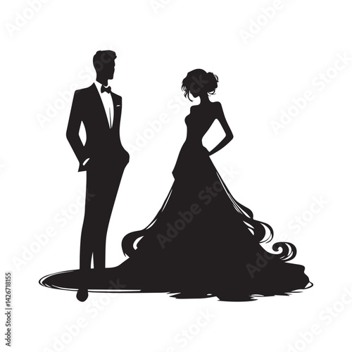 Elegant wedding silhouette of bride and groom. Minimalist black silhouette vector illustration of a romantic couple in an elegant, timeless pose.