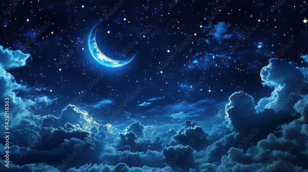 Fototapeta premium A beautiful night sky with a crescent moon and stars atmosphere clouds astronomy.