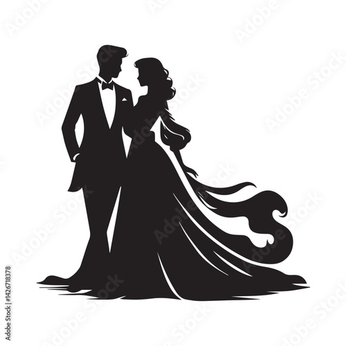 Elegant wedding silhouette of bride and groom. Minimalist black silhouette vector illustration of a romantic couple in an elegant, timeless pose.