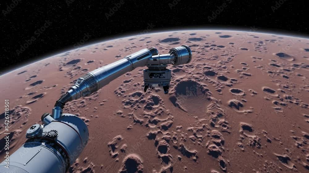 Martian Surface Survey: Robotic Arm and Lander Over Cratered Terrain