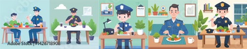 vector set of police officers eating vegetables