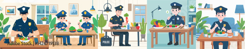 vector set of police officers eating vegetables