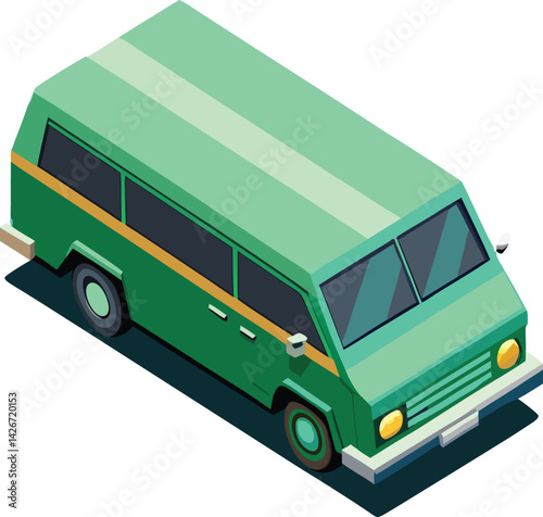 A green transport vehicle, either a bus or a van, is isolated on a white background, suitable for public passenger travel or a city tour illustration