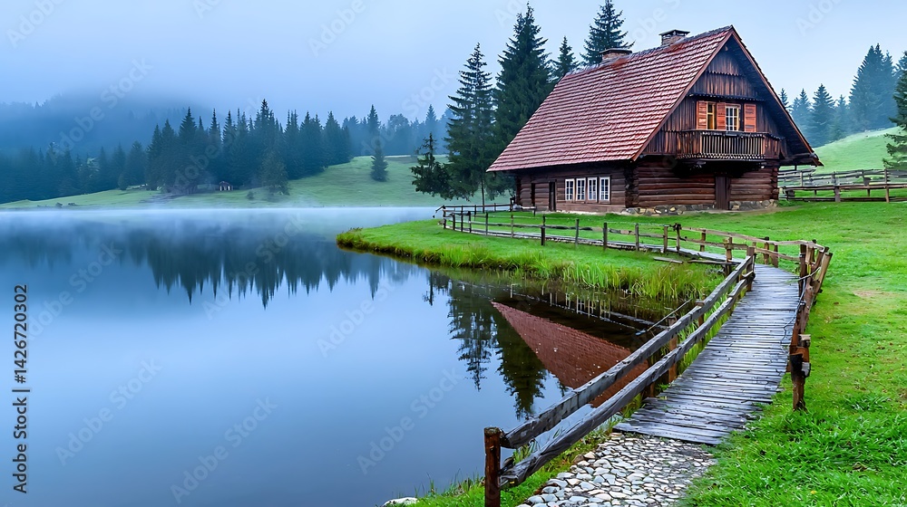 Fototapeta premium A wooden cabin with a red roof stands beside a misty lake, with a wooden footbridge leading to it