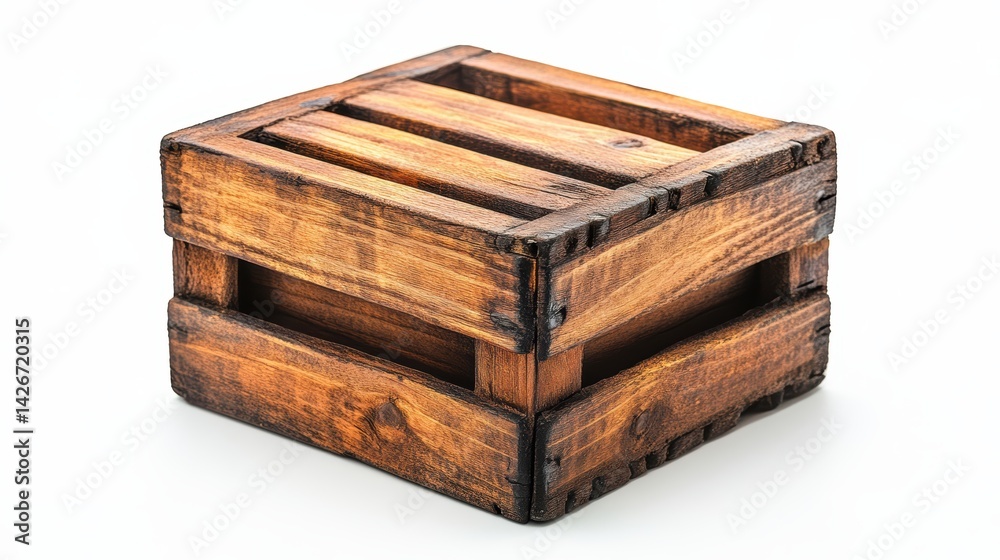 A miniature wooden crate isolated on a pure white background, realistic lighting and shadow, ideal for cut-out and compositing