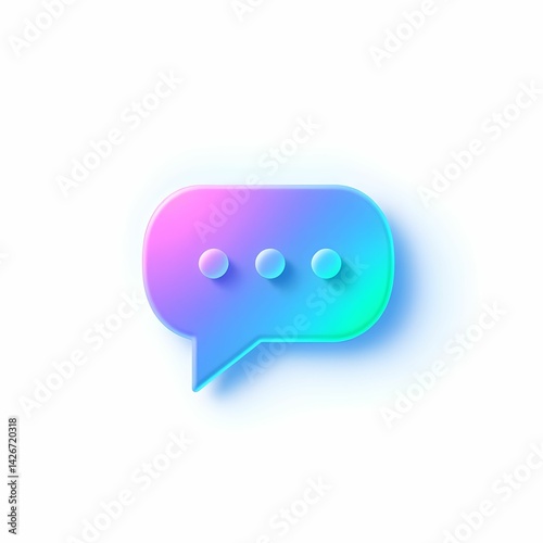 Colorful speech bubble icon, holographic gradient, blue and pink, three dots, minimalist design, glossy effect, soft glow, floating 3D shape, social media symbol, modern communication concept