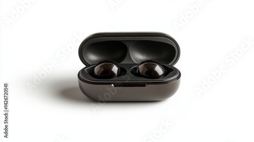 A wireless earbud case opened isolated on a pure white background, realistic lighting and shadow, ideal for cut-out and compositing