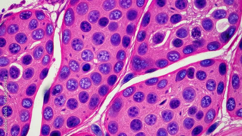 Microscopic view of pink and purple cells with nuclei