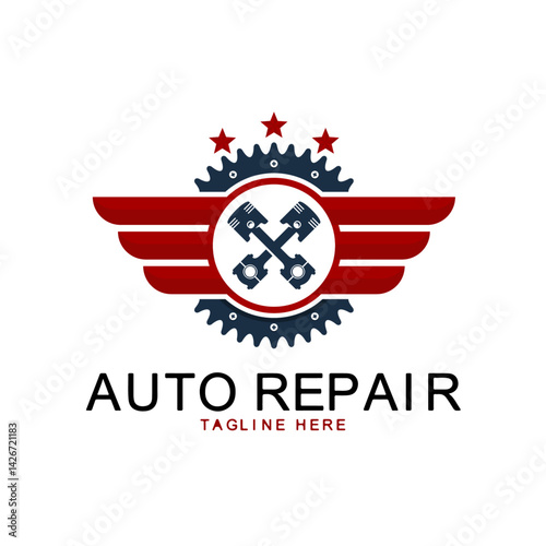 Mechanical Mastery Logo: An emblem representing the world of automotive maintenance, showcasing crossed pistons flanked by gear and wing motifs, a design exuding reliability and professionalism.