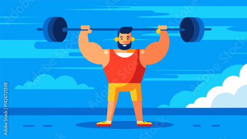 A weightlifter confidently lifting a heavy barbell over their head the bright blue sky and vast ocean serving as a stunning backdrop.. Vector illustration
