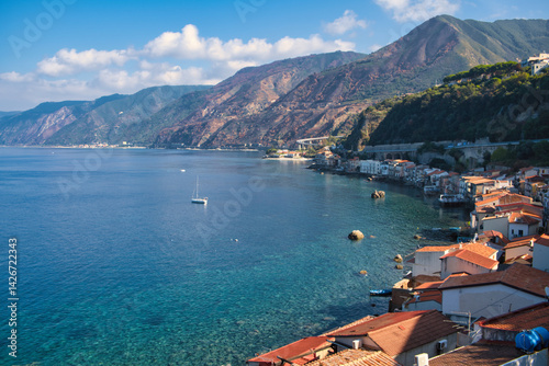 Fototapeta Naklejka Na Ścianę i Meble -  Shilla, Calabria, Italy - view of the seaside and beach, mountains around from the top of town