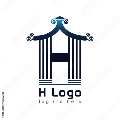 H Logo Design with Classic Architecture: Elegant monogram logo design featuring letter H incorporated into a stylized architectural structure reminiscent of classical pillars and a temple roof.