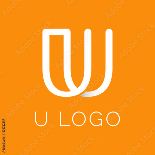 "U Logo Concept: A modern logo design featuring a stylish "U" shape, rendered in a clean, minimalist aesthetic, perfectly complemented by a vibrant orange background."