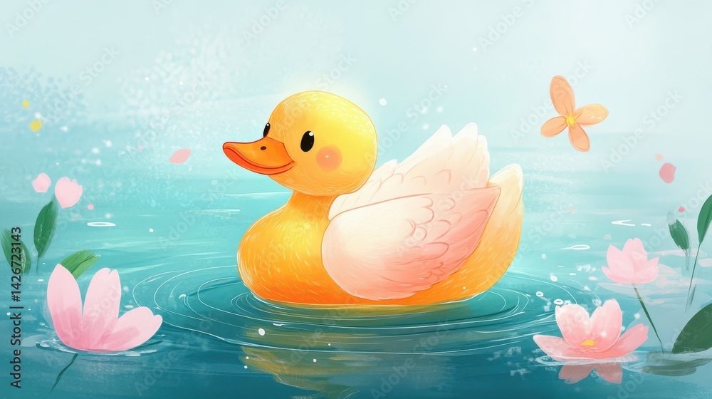 A charming illustration featuring a cute, vibrant duck swimming gracefully. A charming illustration featuring a cute, vibrant duck swimming gracefully.