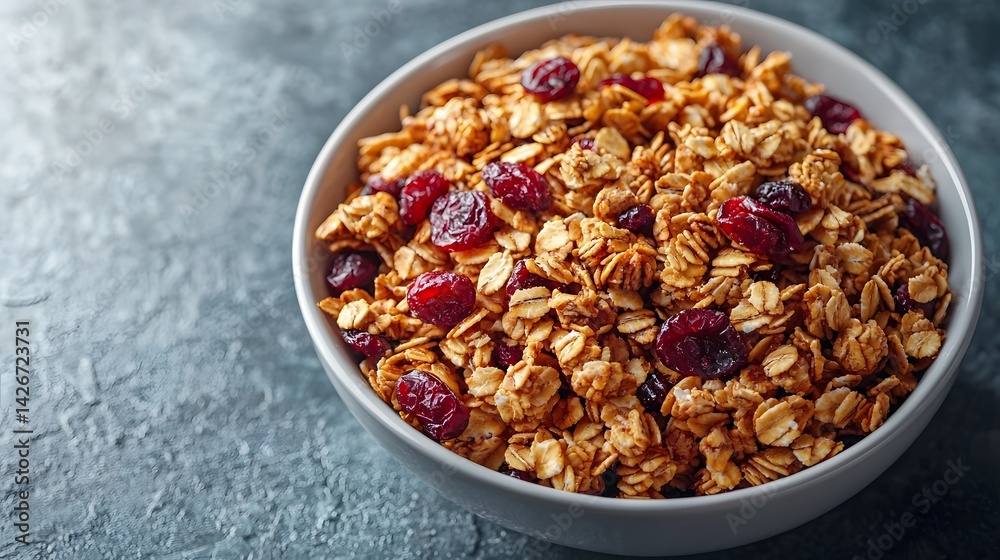 A bowl of crunchy granola with dried cranberries