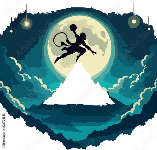 Hanuman Jayanti Silhouette of... Vector illustration for Hanuman Jayanti featuring a silhouette of a mythological deity riding a lion against a glowing full moon. Spiritual and dramatic scene with mou