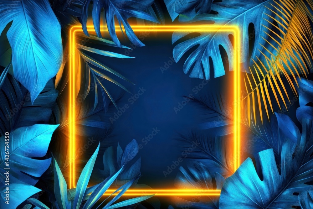 Fototapeta premium Abstract neon background with tropical leaves colors frame blue.