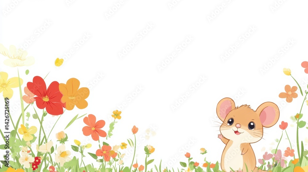 Fototapeta premium A charming illustration of a cute mouse playfully exploring a vibrant flower field.