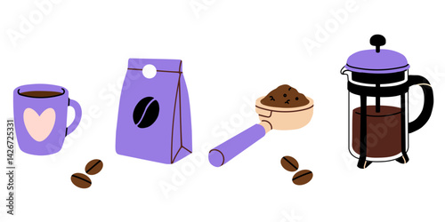 French press, coffee bag, scoop with powder and mug on white background