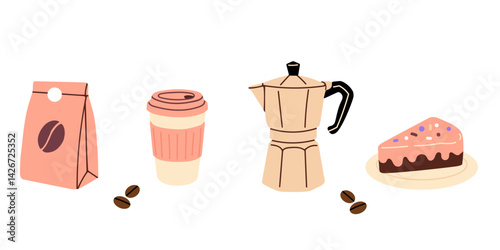 Coffee tools with takeaway cup, moka pot, cake slice and coffee bag