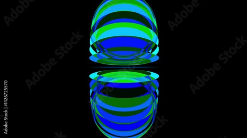 A symmetrical digital artwork featuring overlapping blue, green, and cyan ellipses, creating a vibrant, dynamic, and hypnotic illusion of depth and motion.