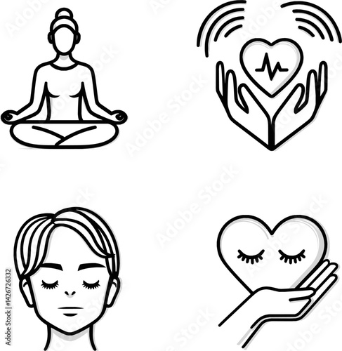Set of 4 Wellness Icons – Meditation, Heart Care, Self Love, Mindfulness