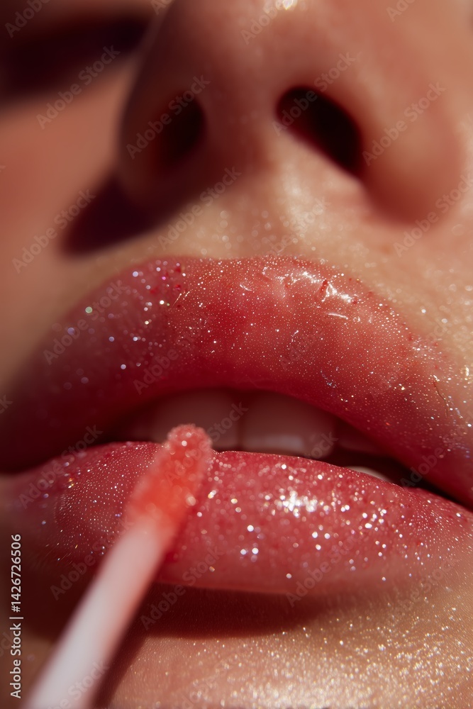 Obraz premium Close-up of lips being enhanced with shimmering pink gloss, highlighting beauty and cosmetics in vibrant detail.