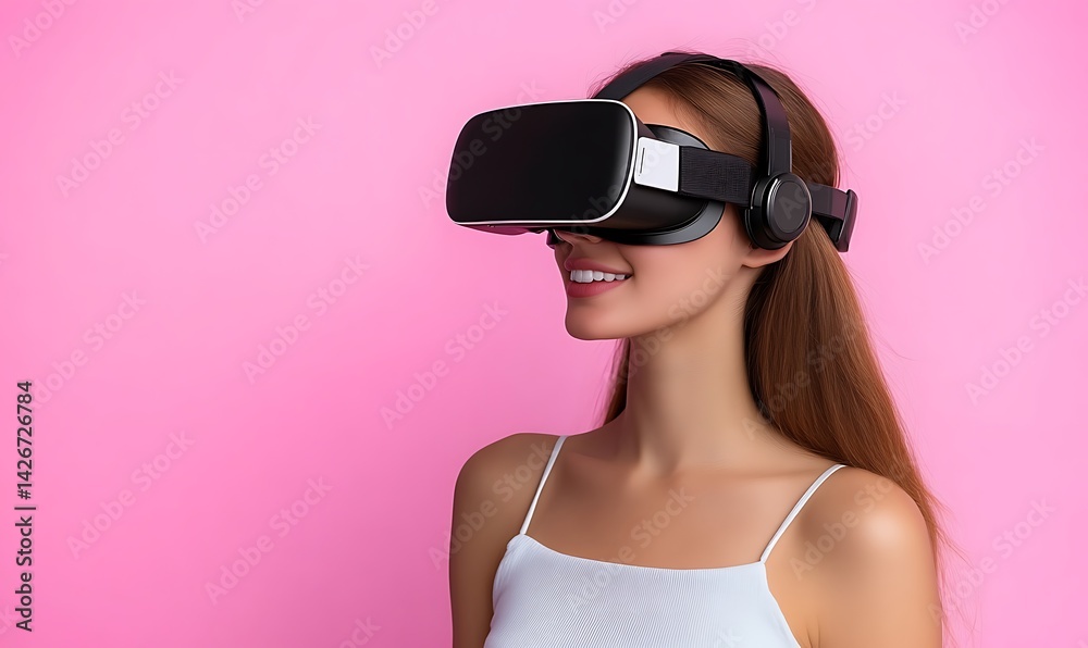Naklejka premium Woman with Vr Headset on Pink Background