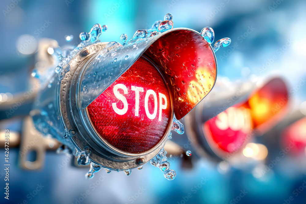 Red stop light with water splash. Concept: Let’s stop what destroys us – before it’s too late