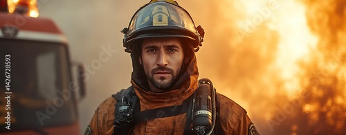 Firefighter facing a blaze with determination.