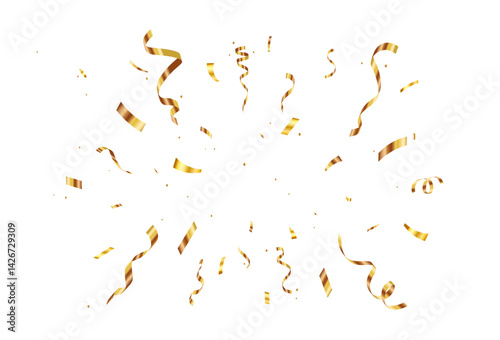 Golden Confetti and Streamers Celebration Explosion on White Background, Suitable for Festive Events and Holiday Designs. carnival ribbons, confetti,