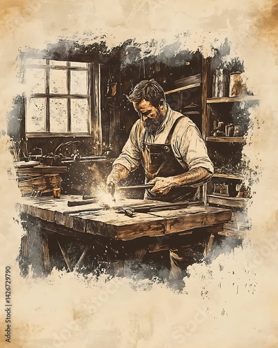 Craftsman working skillfully in a workshop.
