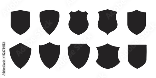 Shield icon set in vintage style. Protect shield security line icons. Badge quality symbol, sign, logo or emblem