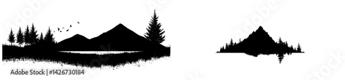 Stylish icon vector illustration of mountains and trees reflecting in water with birds soaring above