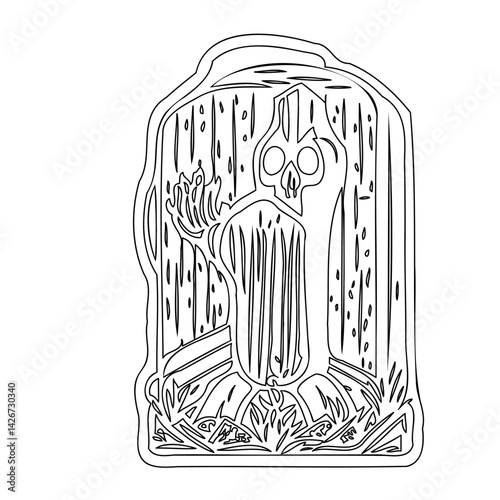 Outlined spectral figure with skeletal visage