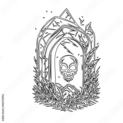 Ornate Tombstone with Skull and Vegetation Design