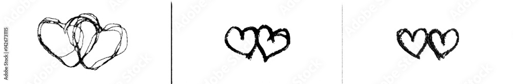 Modern illustration featuring a continuous line drawing of interconnected hearts, including small heart tattoos, all rendered in a single hand-drawn contour on a white background with black swirls