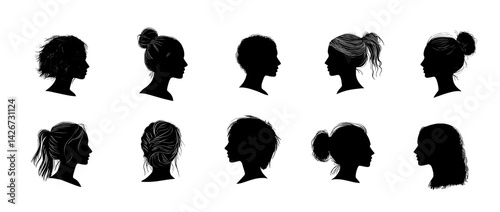A collection of cute girl hairstyles, presented as hand-drawn illustrations in a set of modern icons featuring young girl side view profiles in black filled silhouettes