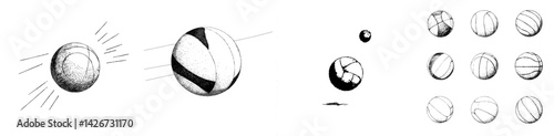 A hand-drawn volleyball ball is set against a beach net, with a silhouette symbol, representing the game of indoor volleyball, in a modern sketch style, as an isolated black illustration