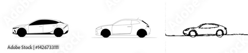 A modern car icon created with a continuous single line drawing on a contemporary background, alongside an old vintage car also drawn with one line