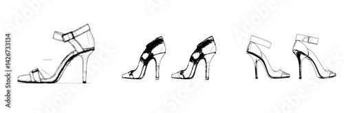 Women's Heeled Sandals Classic Open Toe Stiletto High Heels Line Art, Technical sketch hand drawing outline modern doodle illustration, various view isolated on white background’ becomes ‘Classic